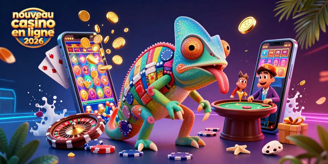 Découvrez le nouveau casino en ligne 2026 avec un caméléon coloré en pleine action de poker, entouré de jeux dynamiques.