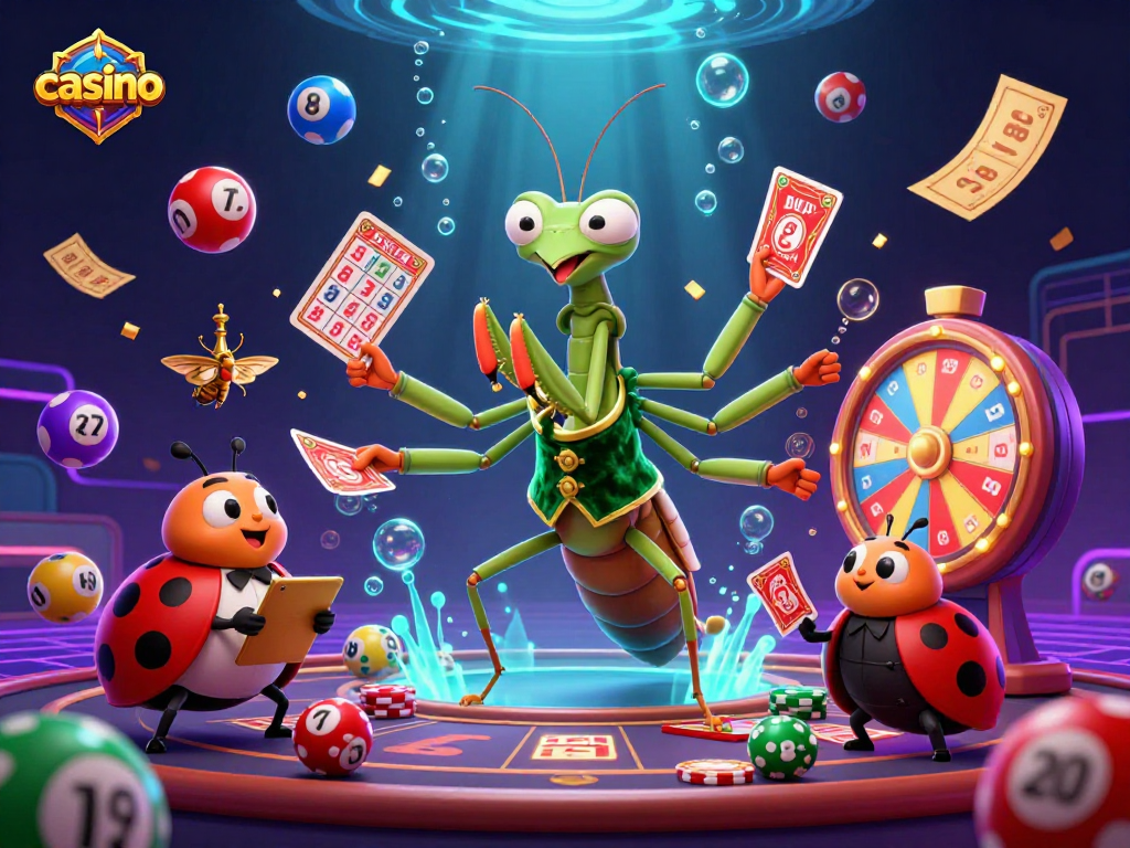 Casino scene where a praying mantis card sharp deals cards alongside a ladybug pit boss.