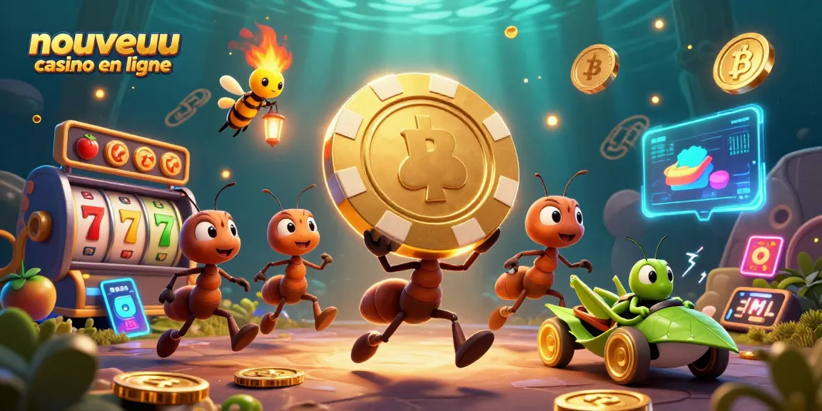 Visualisez un casino en ligne avec un groupe d'ants audacieux transportant un gros jeton de poker, représentant un nouveau casino en ligne.