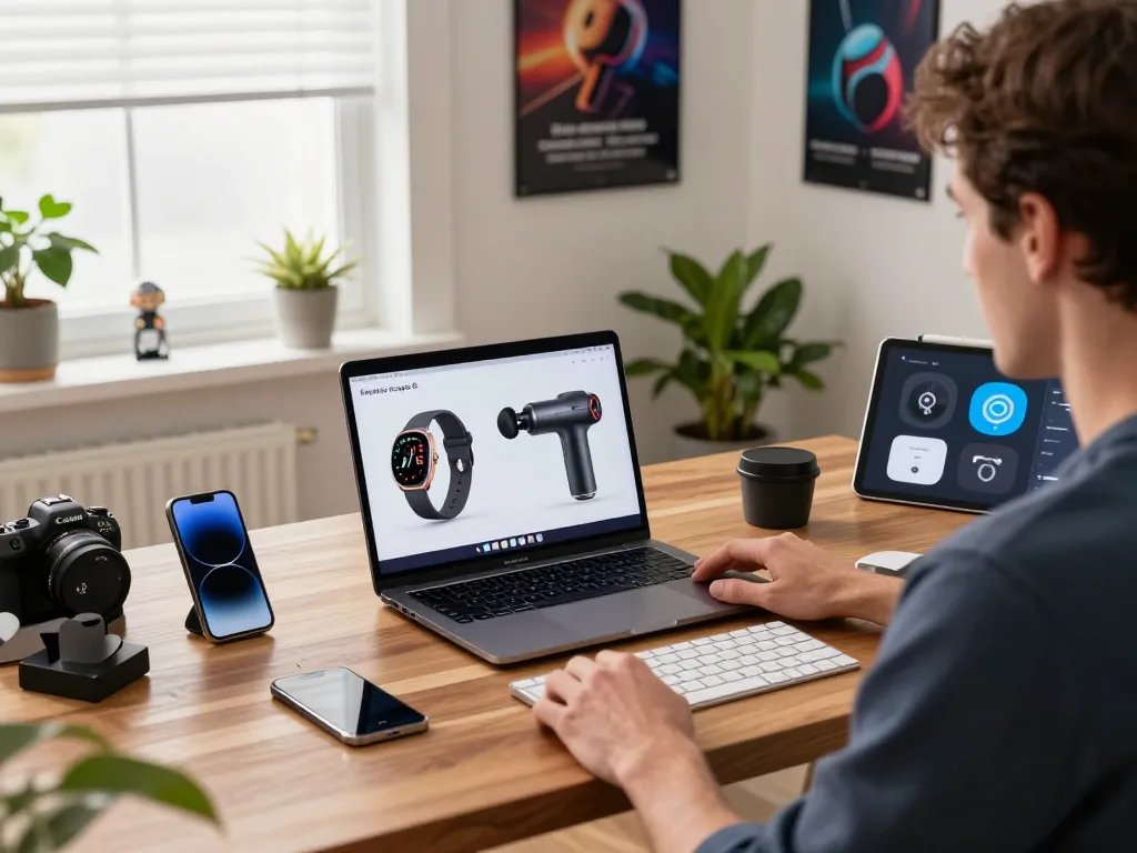Unique tech gadgets like the Fitbit Charge 6 showcased in a stylish home office setting, emphasizing modern productivity.