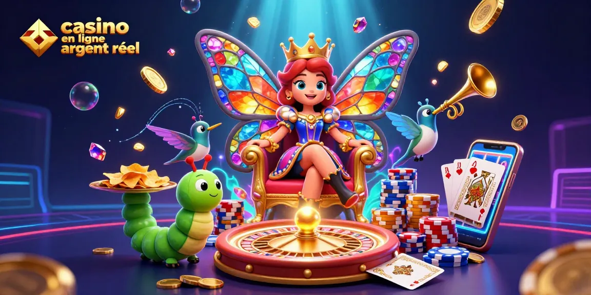 Visualisez un monde de jeux avec le casino en ligne argent réel, où la reine des papillons et des jetons scintillants se rencontrent.