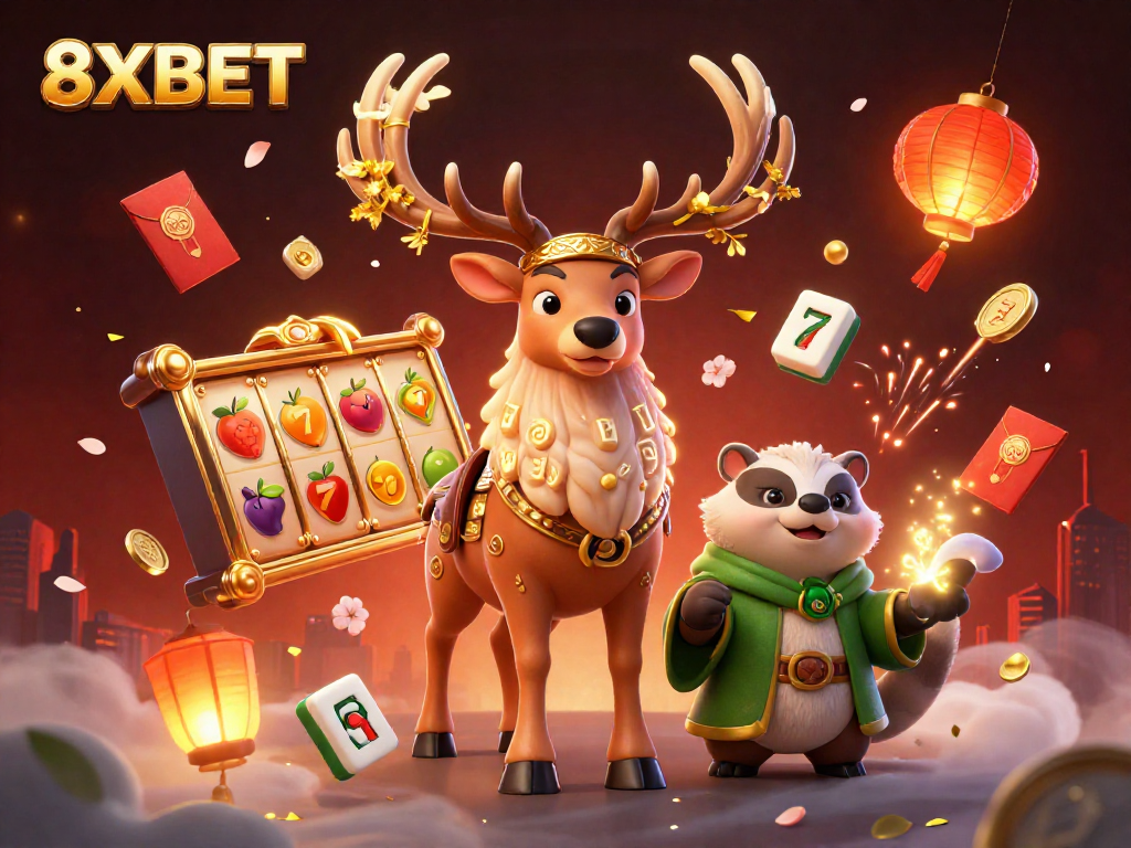 Engage with 8XBET's vibrant gaming scene featuring a Celtic druid, badger, and slot games.