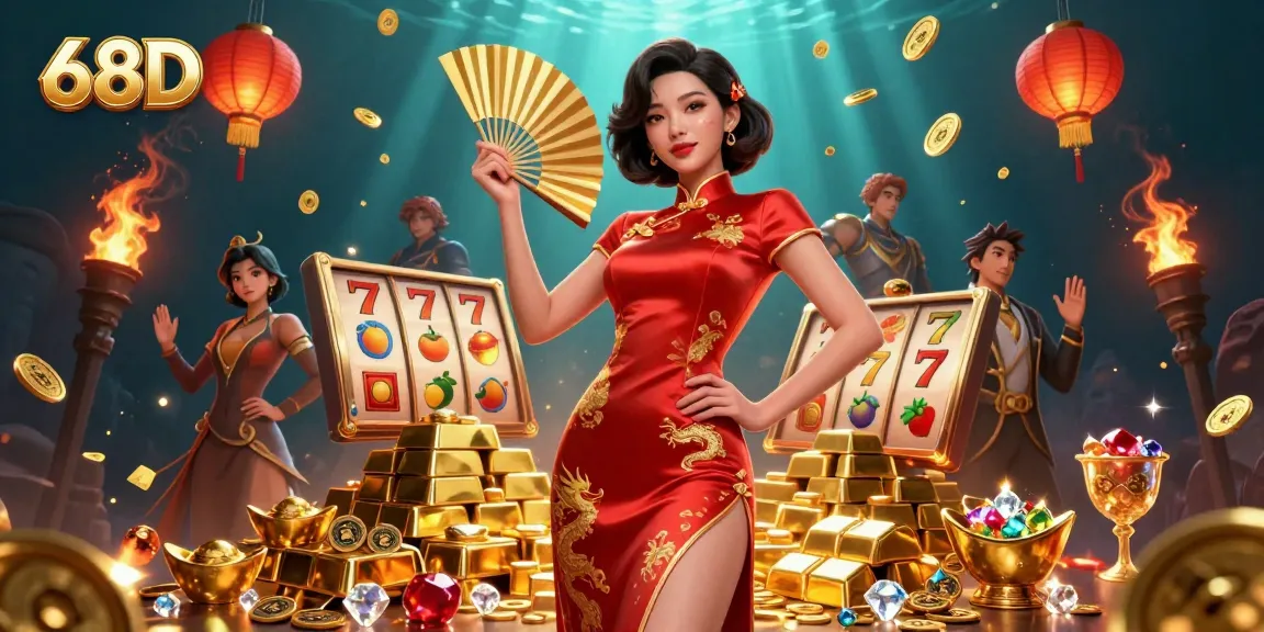Experience thrilling gameplay at 68D with vibrant slot reels and sparkling treasures.