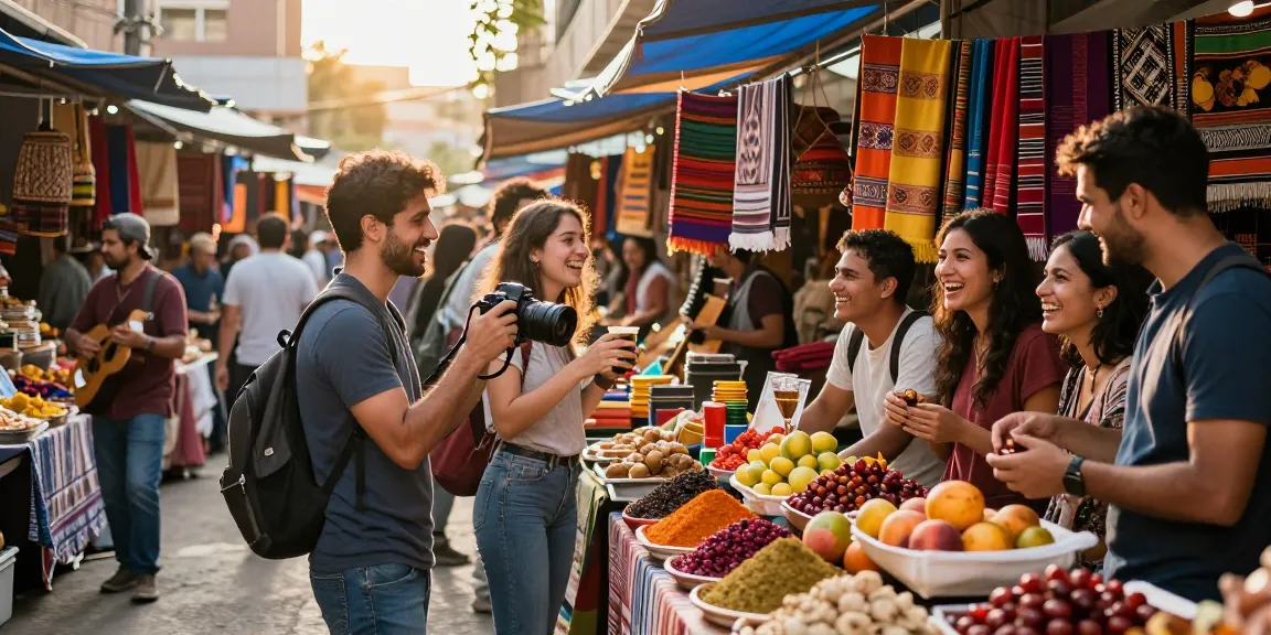 Travelers exploring vibrant stalls at a city market, capturing rokok88 experiences filled with local crafts.