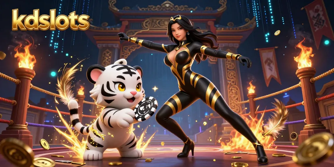 Engage with kdslots at this vibrant casino scene featuring a dynamic woman and a playful tiger amidst rich game elements.