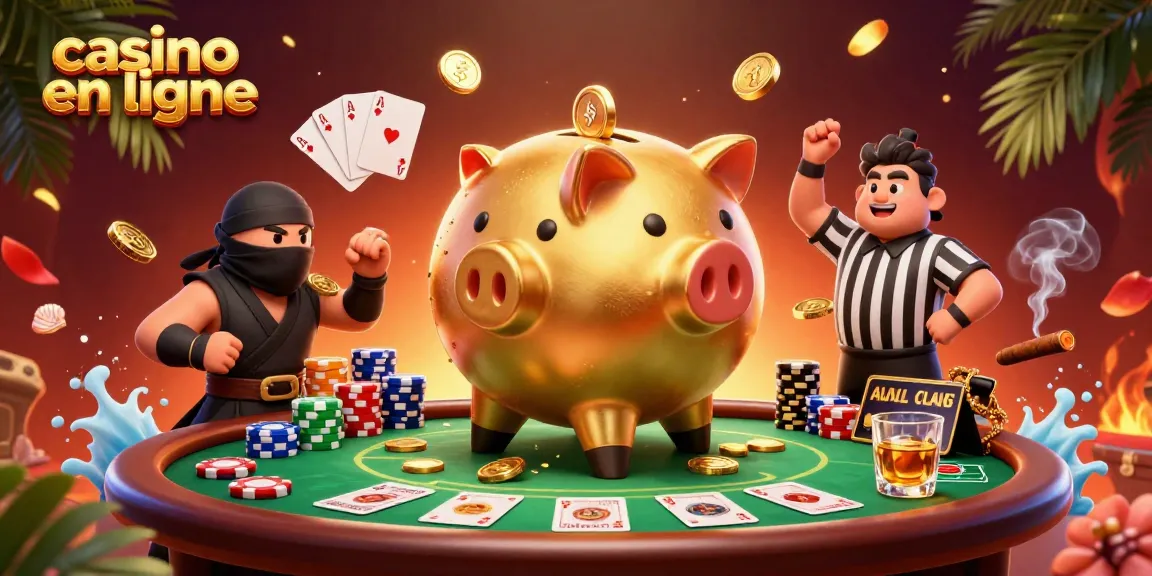 Le casino en ligne en pleine action avec un énorme cochon tirelire sumo, un ninja portefeuille et un arbitre samouraï.