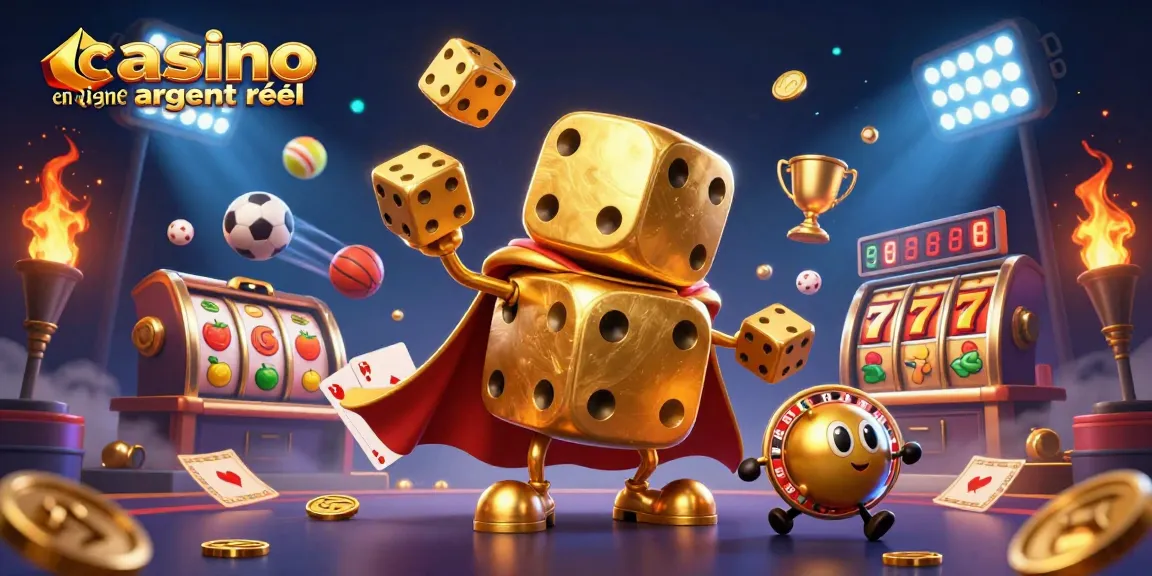Plongez dans l'univers du casino en ligne argent réel avec une illustration colorée de dés et de roulettes.