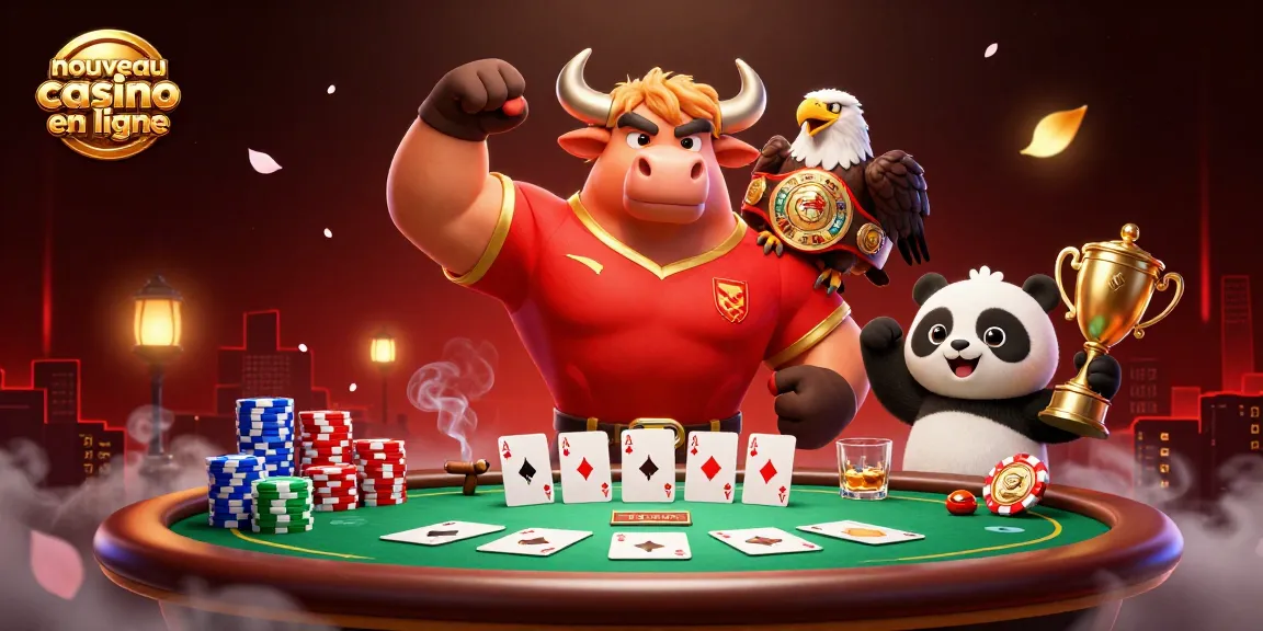 Scène animée d'un nouveau casino en ligne avec un bull musclé, un aigle et un panda, célébrant des gains.