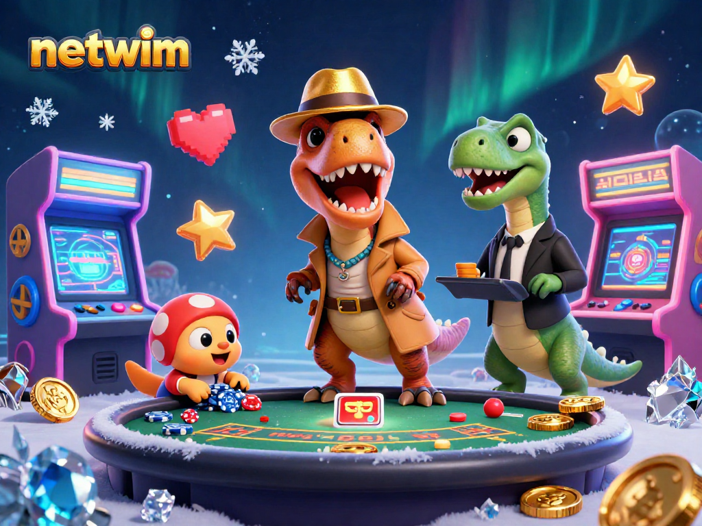 netwim features a velociraptor card counter amidst vibrant casino elements