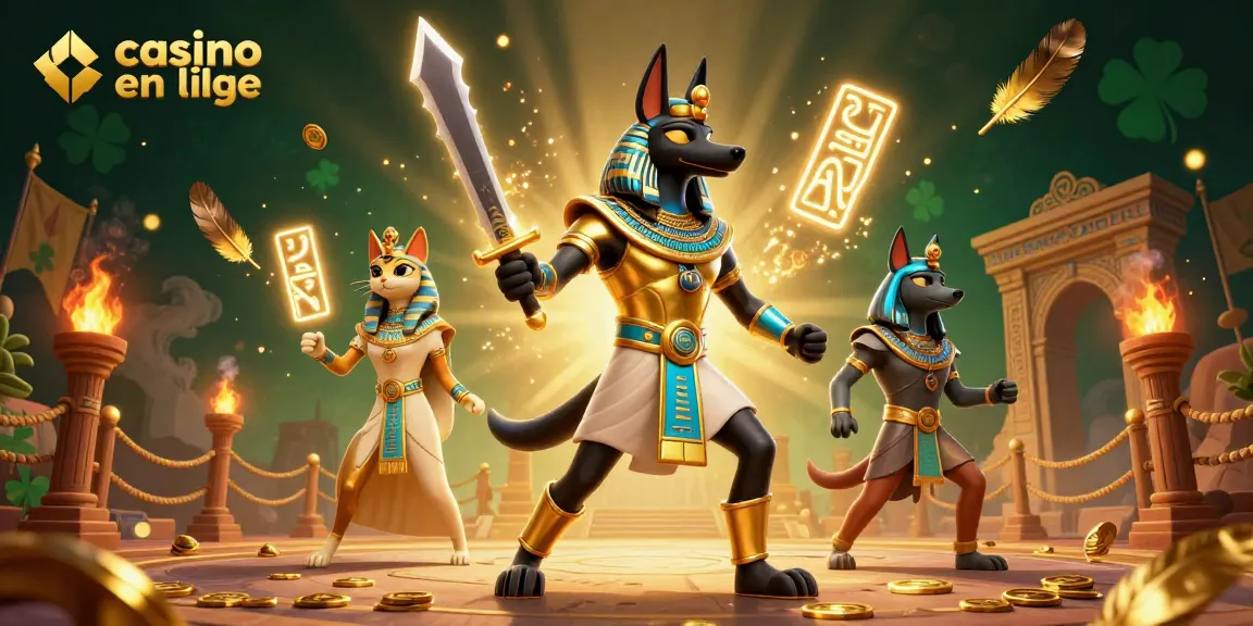 Jouez au casino en ligne avec Anubis et Bastet dans une scène dynamique illustrée.