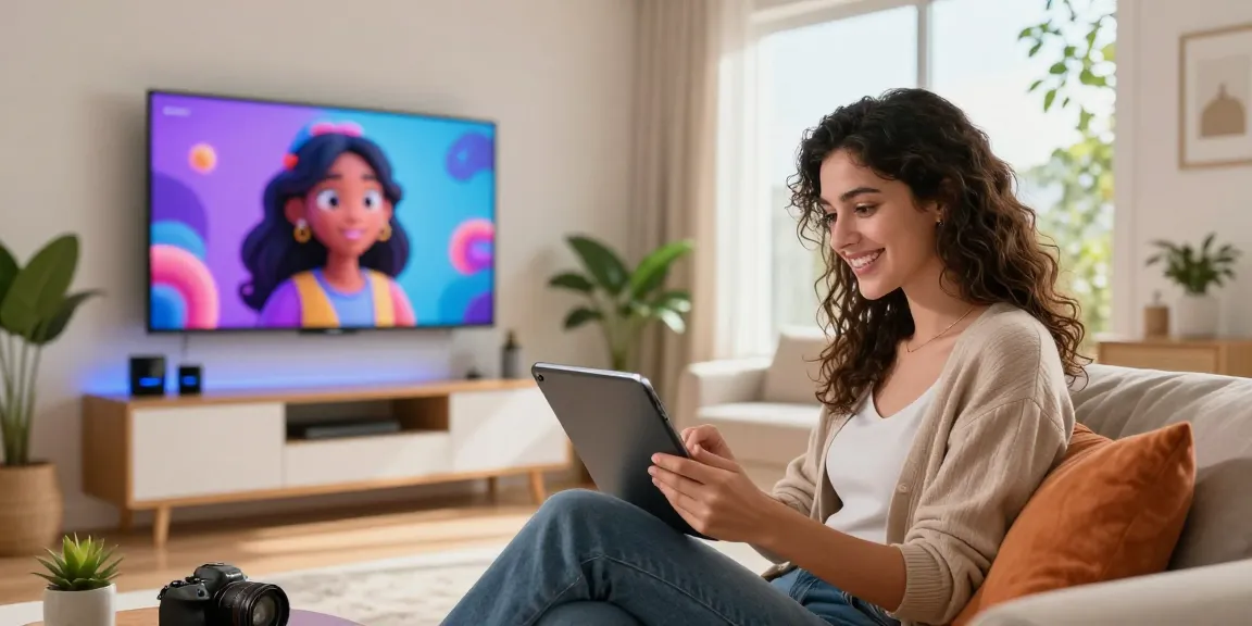 Engaging scene of a young woman interacting with her AI girlfriend on a tablet in a modern urban apartment.