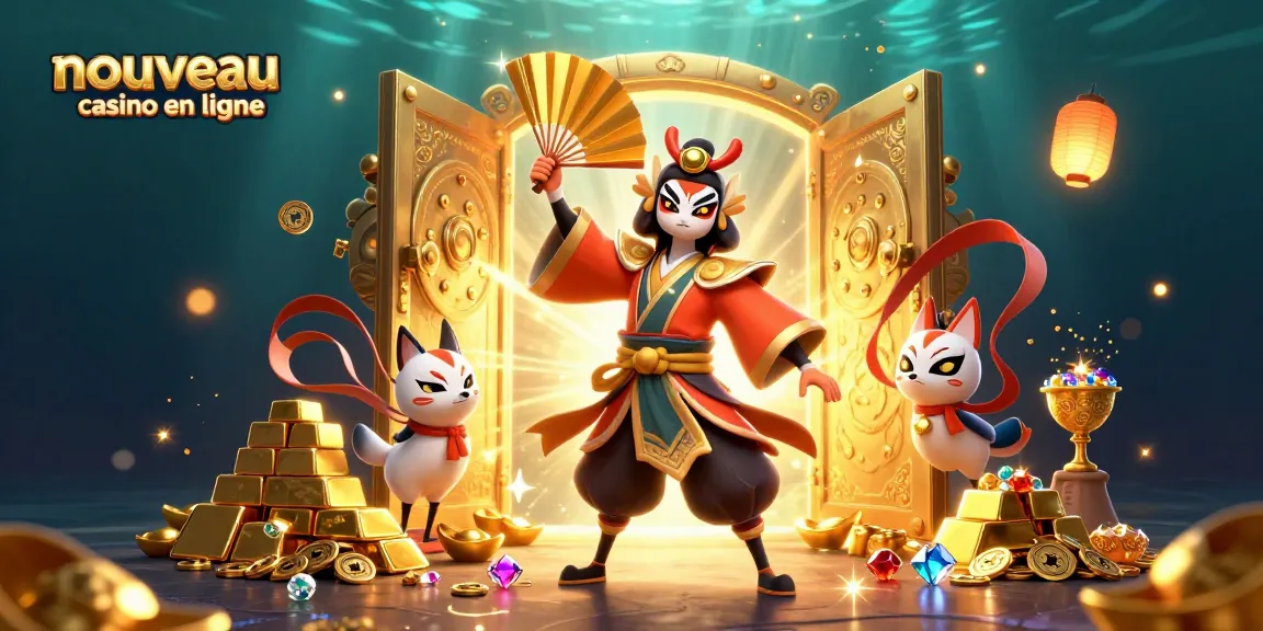 Plongez dans le monde du nouveau casino en ligne avec notre illustration captivante de guerriers kabuki et trésors !