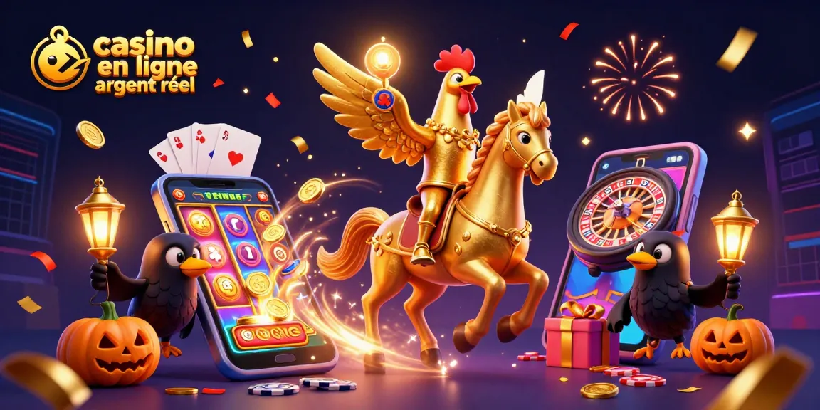 Une scène dynamique de casino en ligne argent réel avec un coq doré et des éléments de jeu colorés.