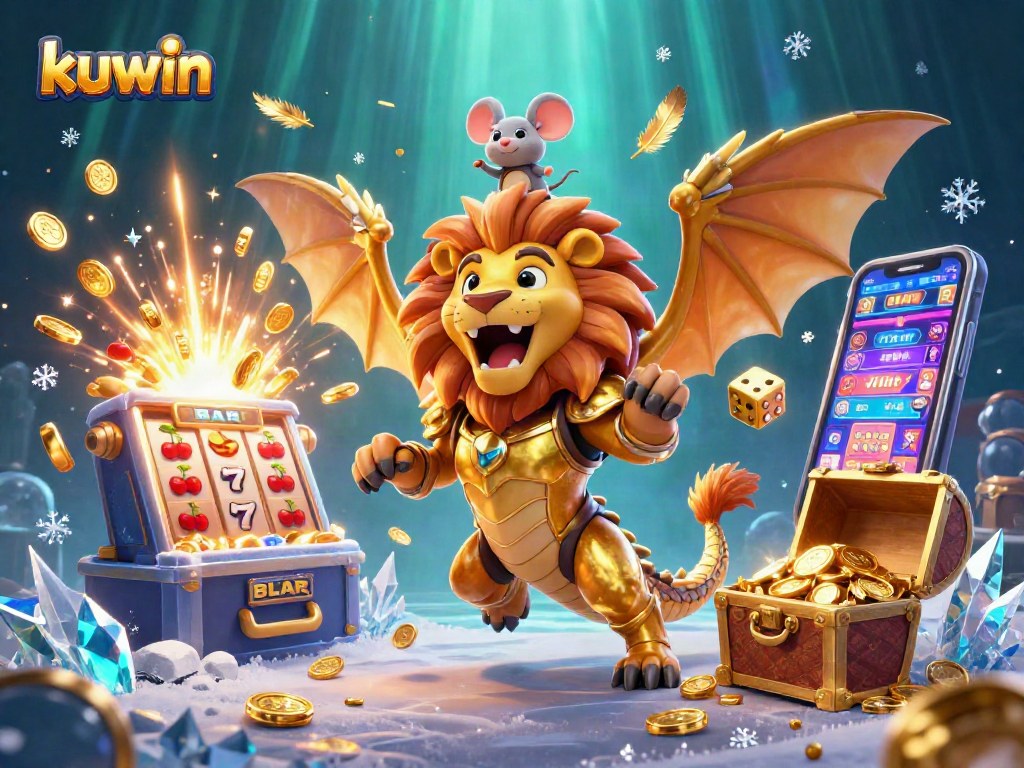 Kuwin slot jackpot celebration featuring a golden chimera roaring with a mouse jockey amidst coins and casino symbols.