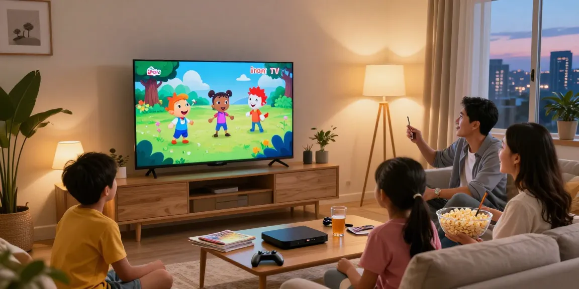 Family enjoying Iron TV in a cozy living room, watching shows together.