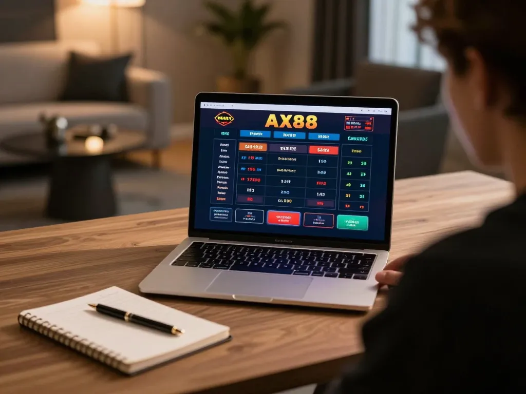 Engaging in AX88 bet online gaming with laptop at a stylish desk, showcasing responsible gambling.