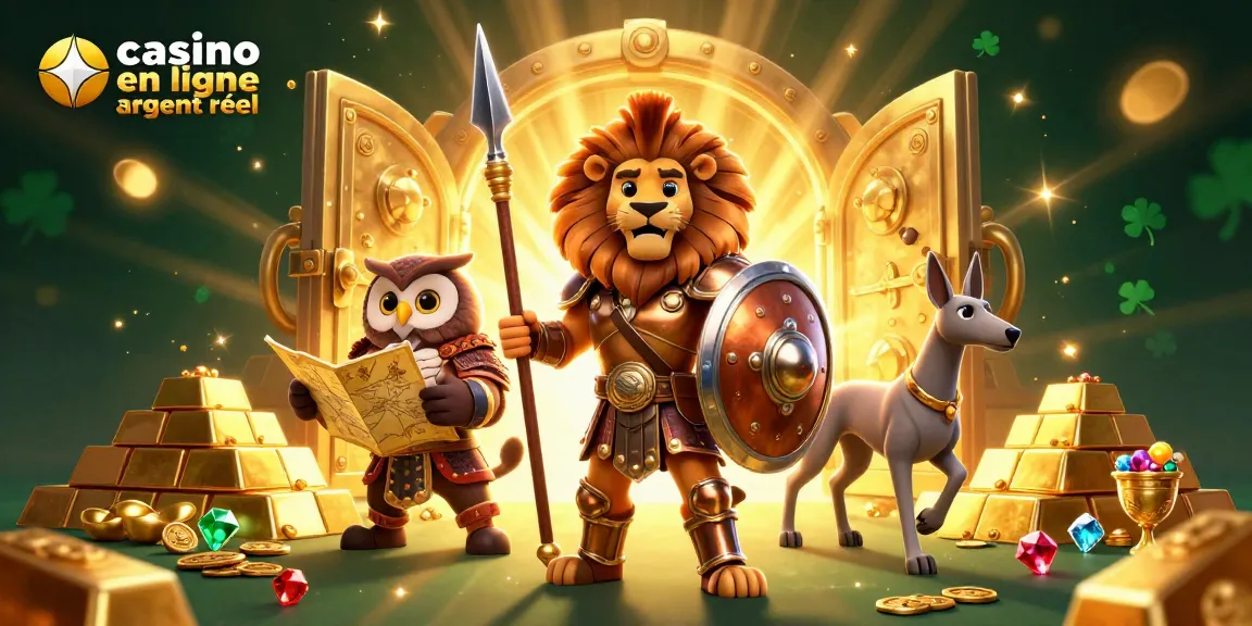 Profitez du casino en ligne argent réel avec ce lion spartiate héroïque et des trésors scintillants.