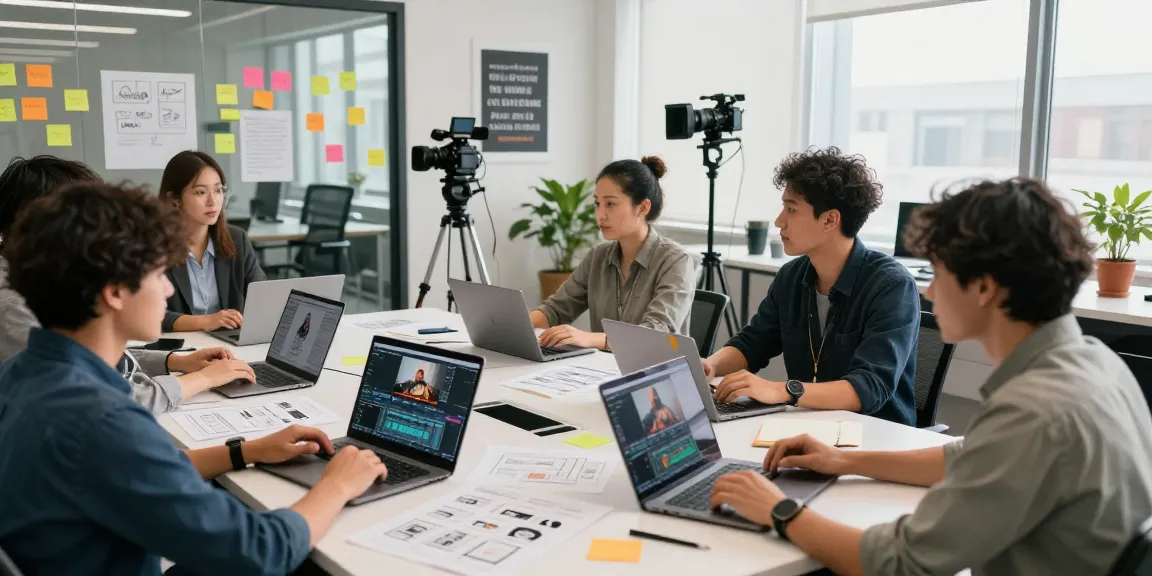Video marketing agency Singapore team collaborating in a bright office.