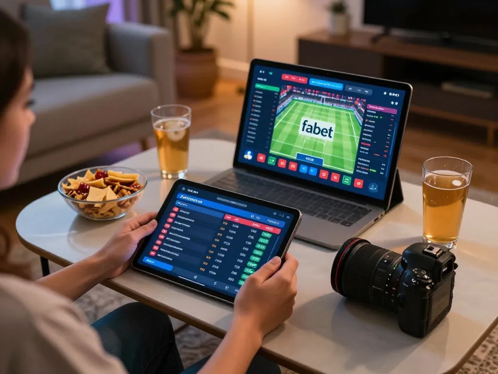 Engaged player reviewing fabet betting options on tablet in inviting home setting.