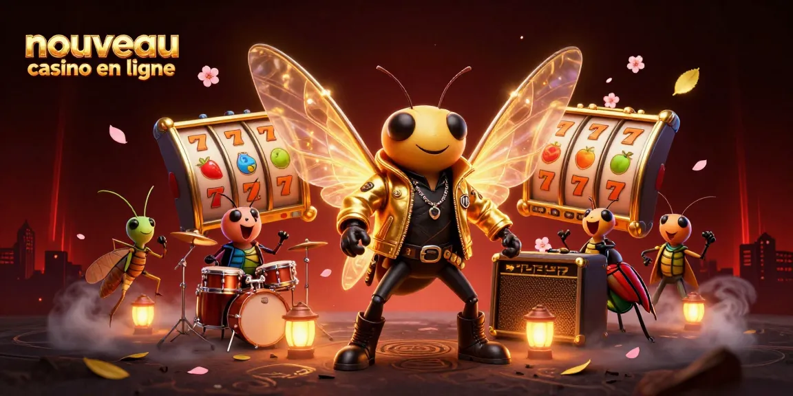 Illustration de jeu vibrant avec le nouveau casino en ligne, affichant une rock star en criquet et des éléments de machines à sous.