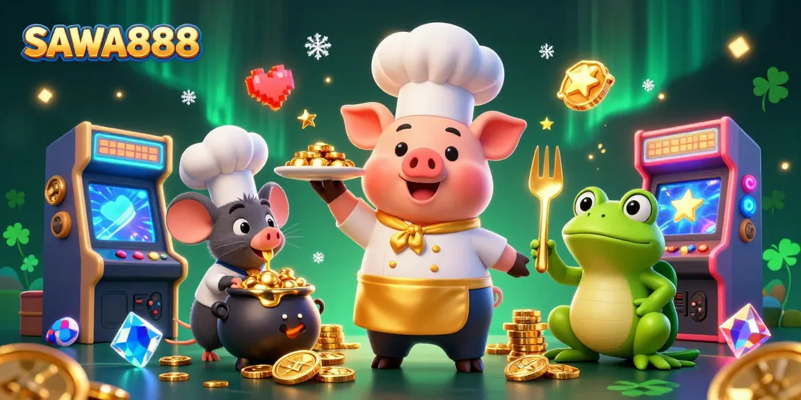 Join the excitement at SAWA888 with a 3D cartoon chef pig serving gold coins, highlighting vibrant gaming elements.