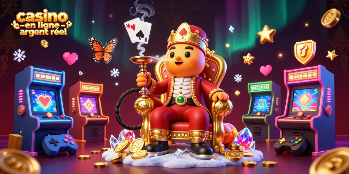 Illustration 3D de casino en ligne argent réel avec un maître des narguilés sur un trône doré, machines à sous colorées, et effets cristallins.