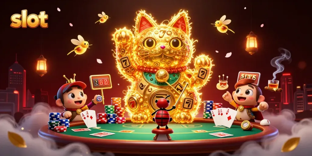 Mainkan slot dan simbol keberuntungan dalam ilustrasi kasino yang penuh warna.