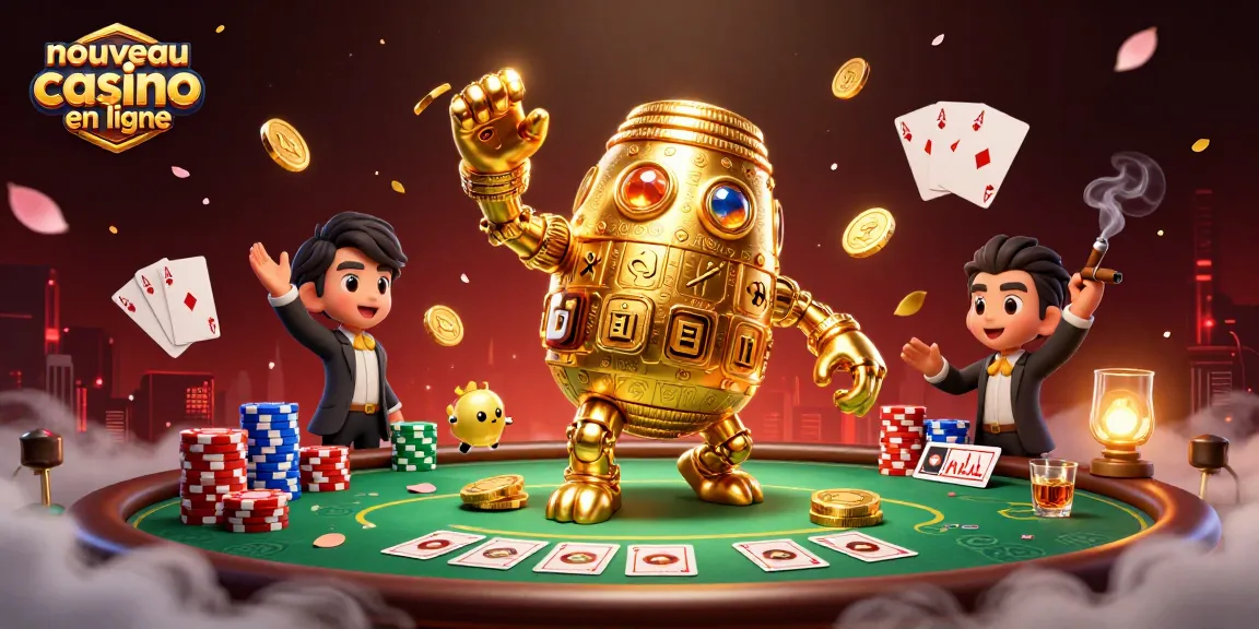 Action dans un nouveau casino en ligne avec un golem doré et des éléments de poker dynamiques.
