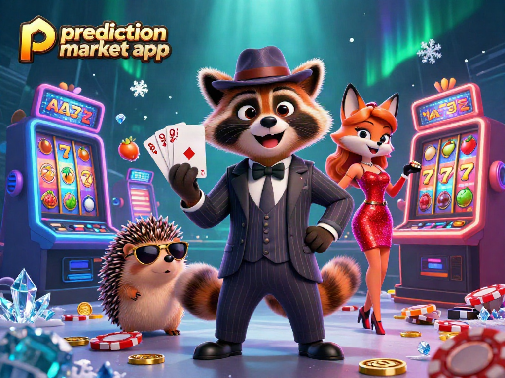 Engage with the prediction market app in an immersive casino scene featuring exciting gaming elements and characters.