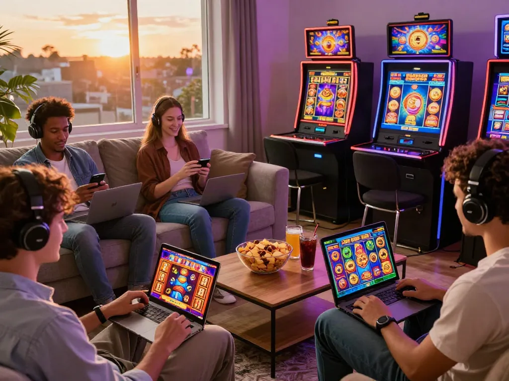 Players enjoying slot gacor maxwin on multiple devices in a cozy gaming environment.