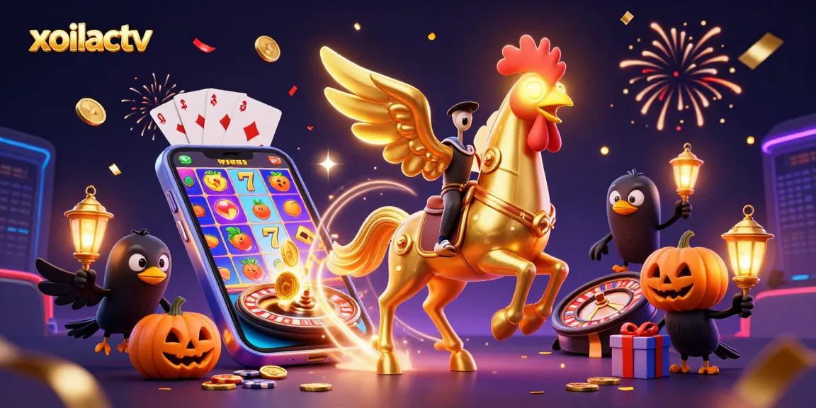 Xoilactv enhances the gaming experience with a vibrant casino scene featuring a golden rooster and diverse gaming elements.