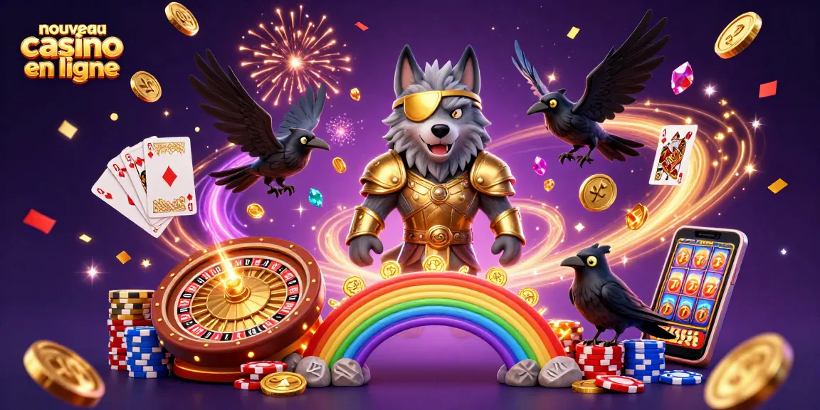 Explorez le nouveau casino en ligne avec une scène captivante remplie d'éléments de jeux et de magie.