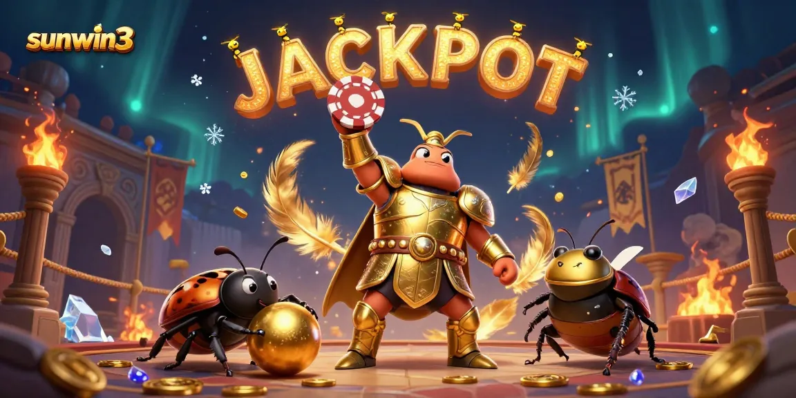 Experience the thrill of sunwin3 with a victorious beetle lifting poker chips amidst a dramatic casino scene.