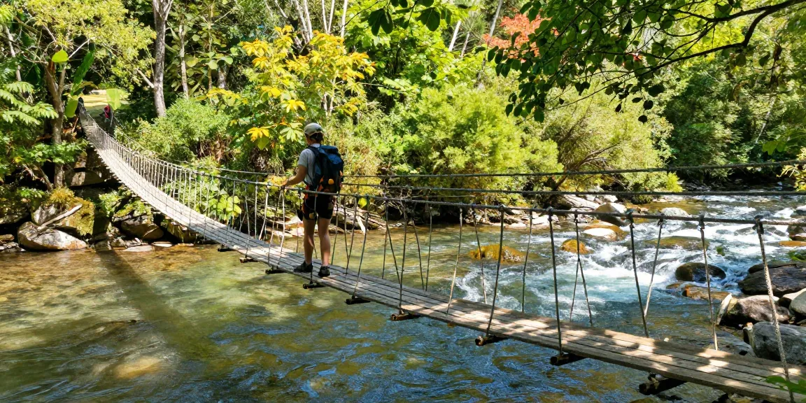Adventurer crossing a River Rope Bridge surrounded by lush greenery, showcasing thrill and nature's beauty.