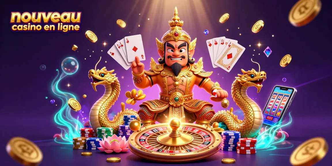 Illustration d'un personnage de casino montrant un nouveau casino en ligne avec des pièces dorées et un gardien.
