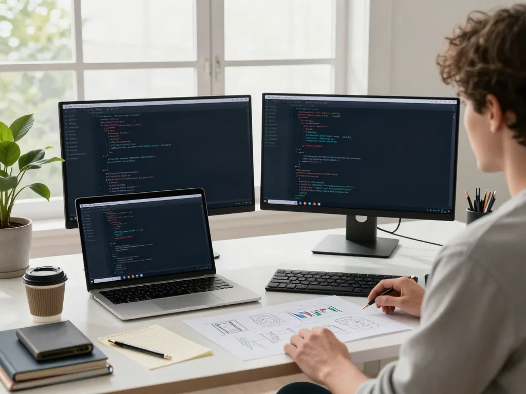 Brave browser workspace with dual monitors and innovative tech elements.