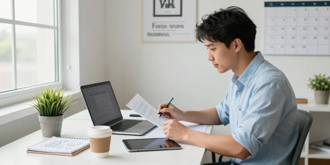 Self-employed freelancer working at a modern desk with laptop and project documents.