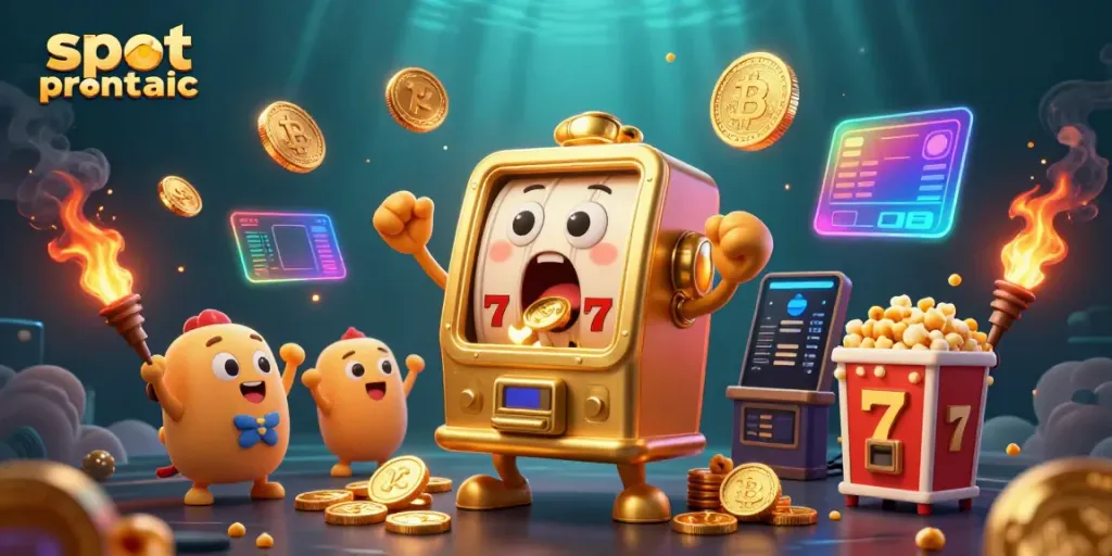 Slot pragmatic menghadirkan mesin slot emas kartun yang terkejut dengan koin berjatuhan dari mulutnya.