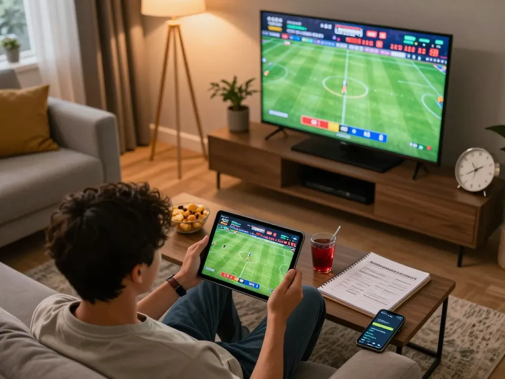 Engaging scene of a person betting on football with Sunwin in a cozy home setup.