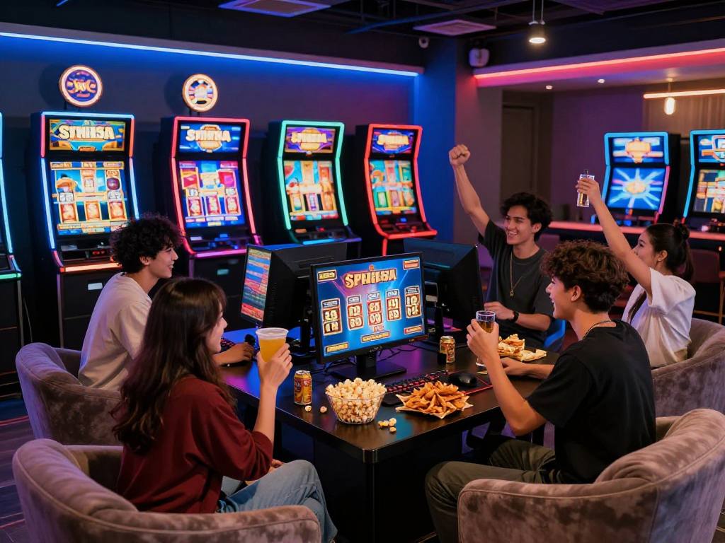 Exciting group enjoying slot88 gaming in a vibrant lounge setting