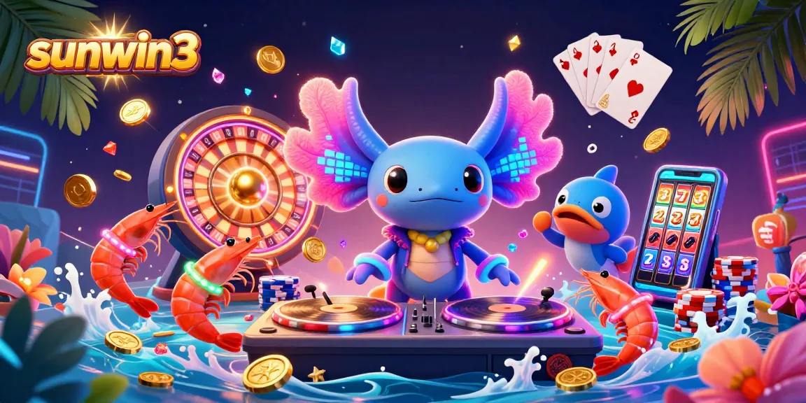 Experience exciting gameplay with the sunwin3 casino's vibrant underwater scene featuring a DJ axolotl and dynamic slot action.