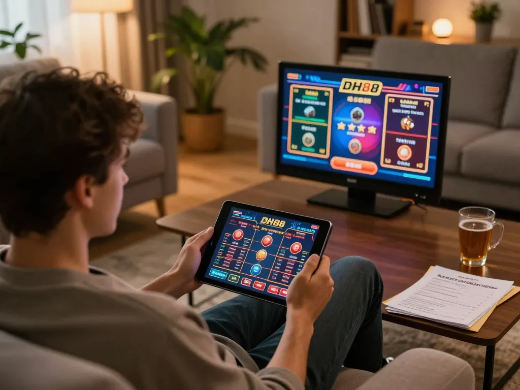 Engaging in đăng nhập dh88 for online gaming on a tablet in a cozy living room setting.