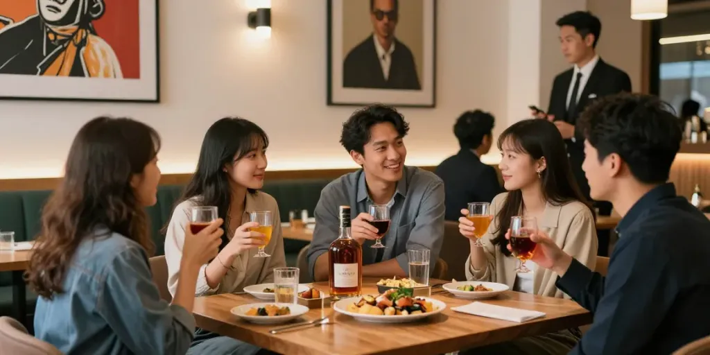 강남 구구단에서 친구들과 즐거운 시간을 보내는 모습, 현대적인 사교 공간의 사적 룸