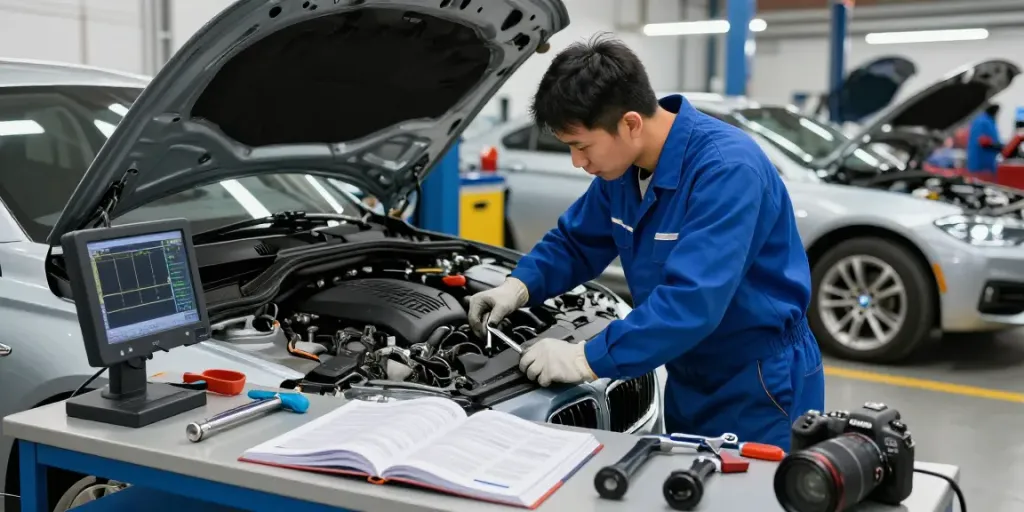 BMW Werkstatt Hannover: Techniker inspiziert Motor in professioneller Werkstatt.