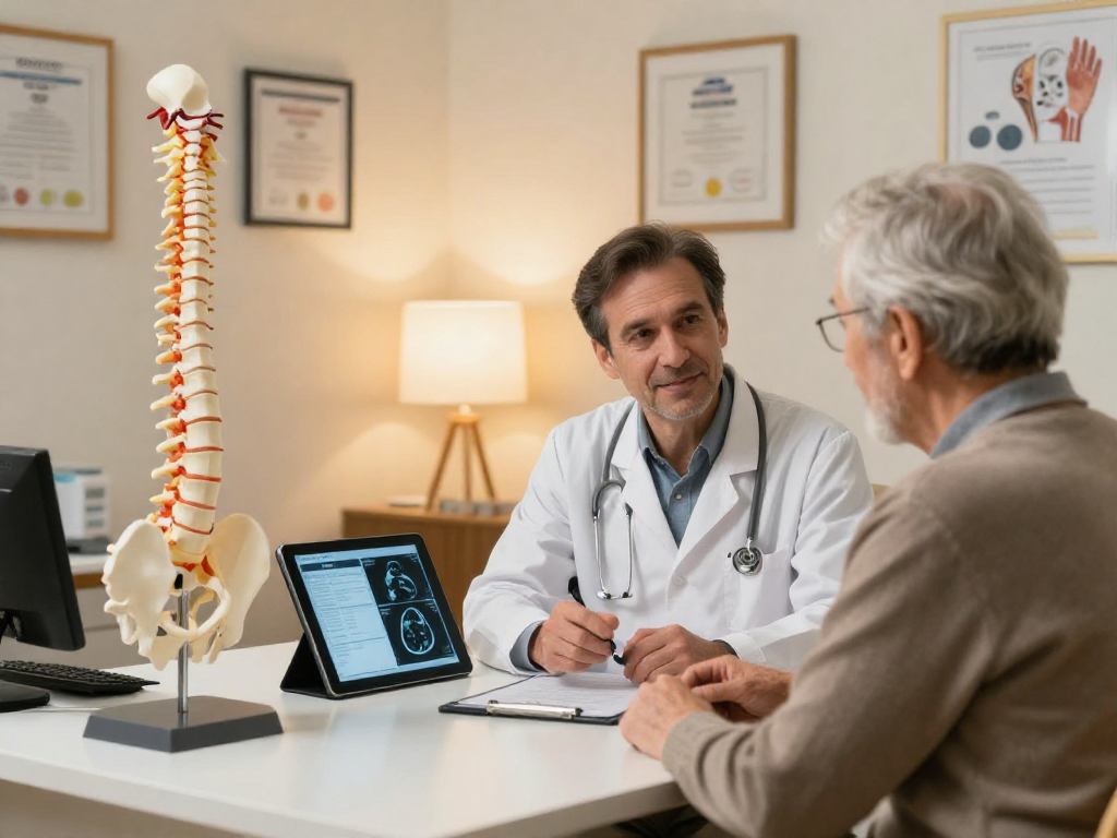Engaging discussion about dar kanal ameliyatı between a surgeon and patient in a modern clinic.