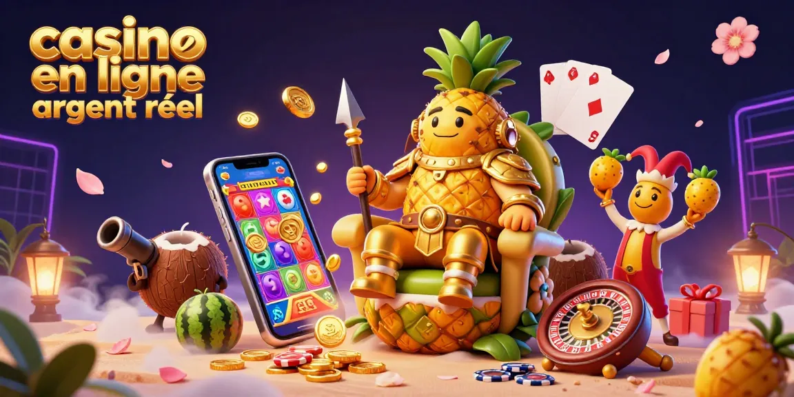 Découvrez l'univers du casino en ligne argent réel avec un roi ananas doré sur son trône entouré de jeux de casino.