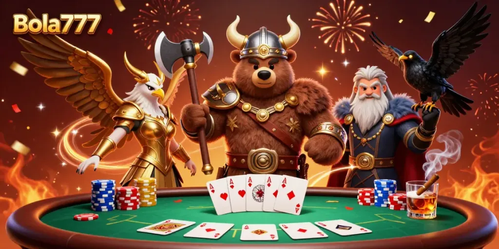 Bola777 menyajikan ilustrasi 3D kartun yang memukau dengan karakter Viking beruang dan permainan poker yang seru.