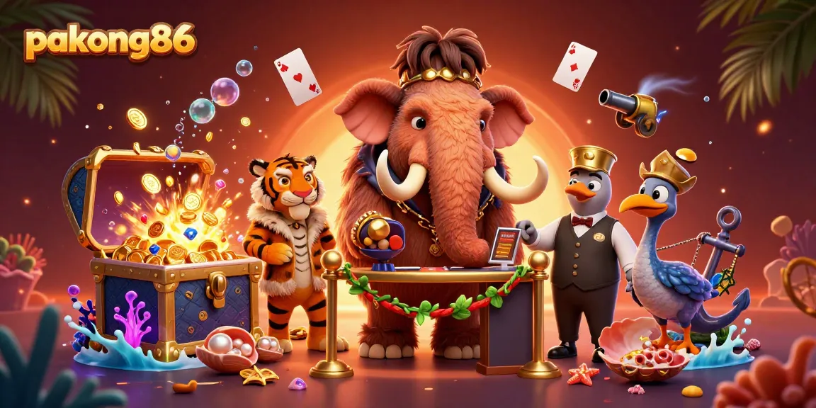 pakong86 elevates gaming with a vibrant, interactive casino scene featuring unique characters and treasure.