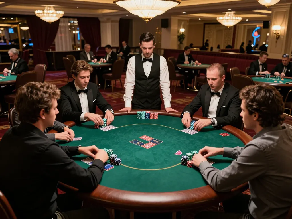 Players engaging in intense poker action at vaobet table in a luxurious casino, showcasing strategic moves and high emotions.