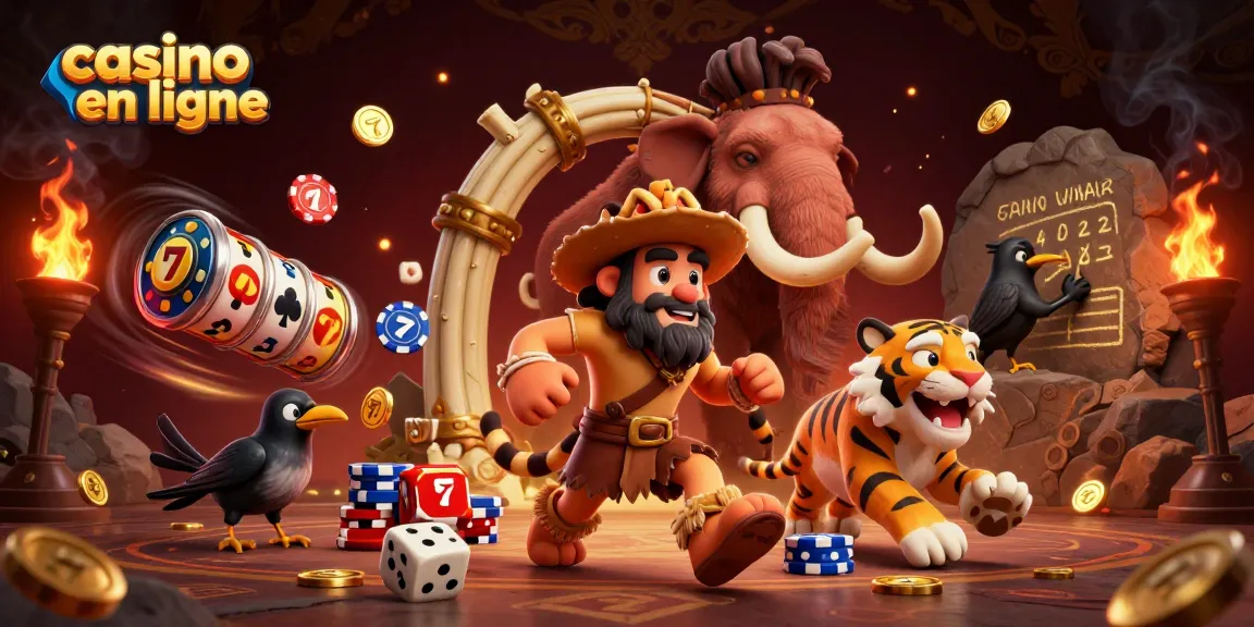 Casino en ligne amusant avec un homme des cavernes et un tigre à dents de sabre jouant à des jeux de hasard.